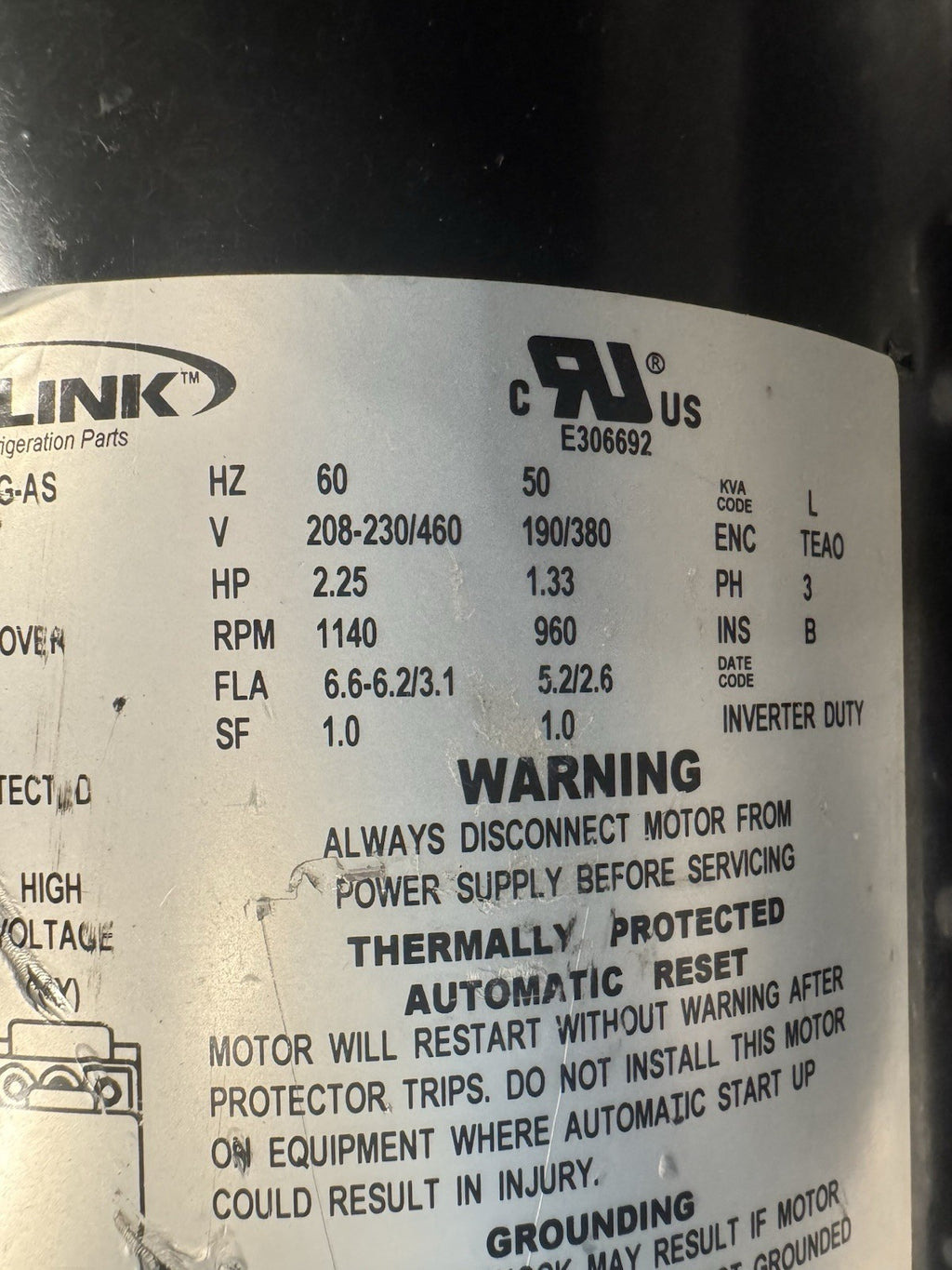 Heatcraft 25391101S Interlink Motor 2.25/1.33HP 1140/960 RPM 208-230/460V NEW!
