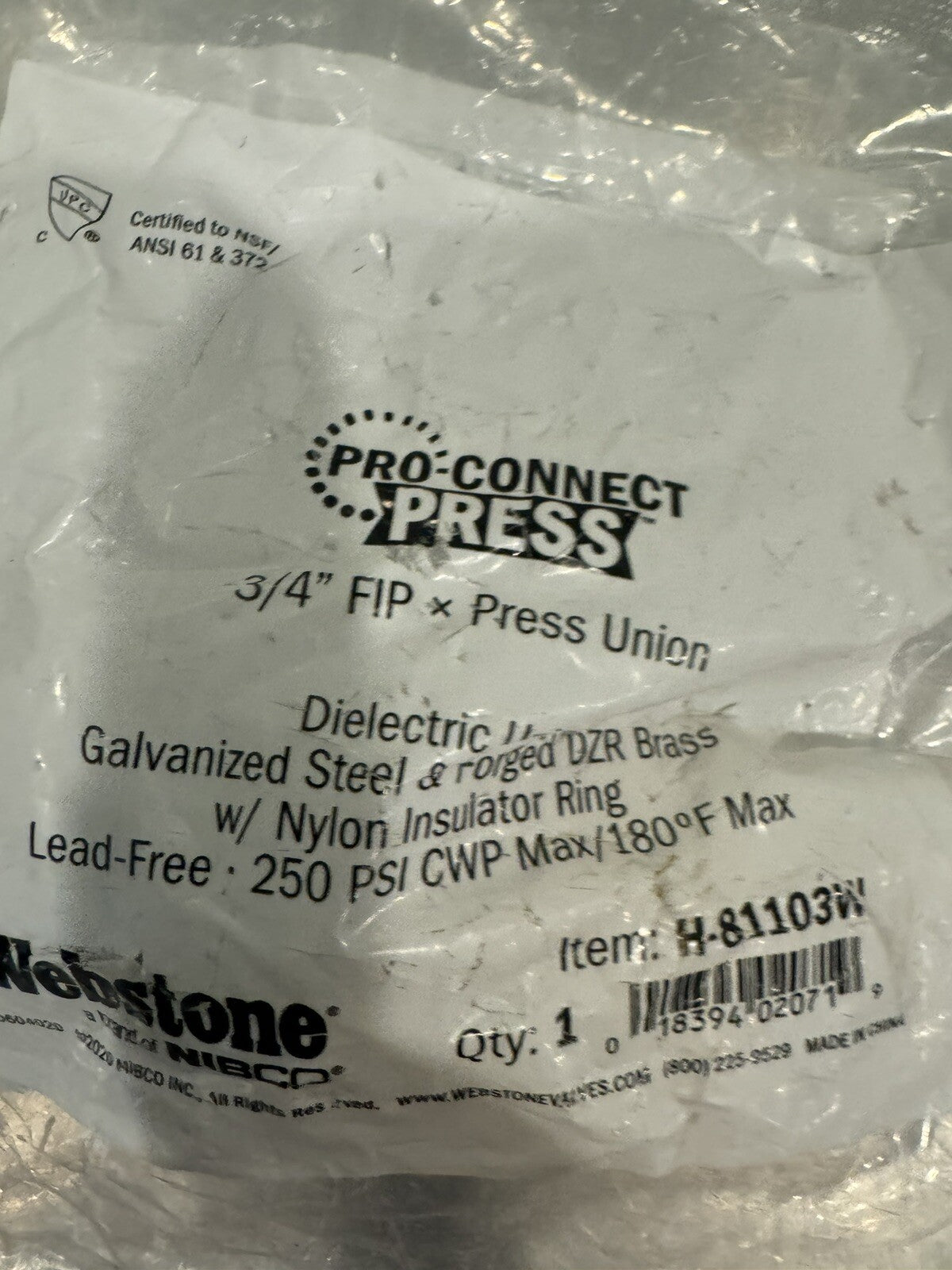 Webstone H-81103W Dielectric Union 3/4” FIP X PRESS NEW! FREE SHIPPING!