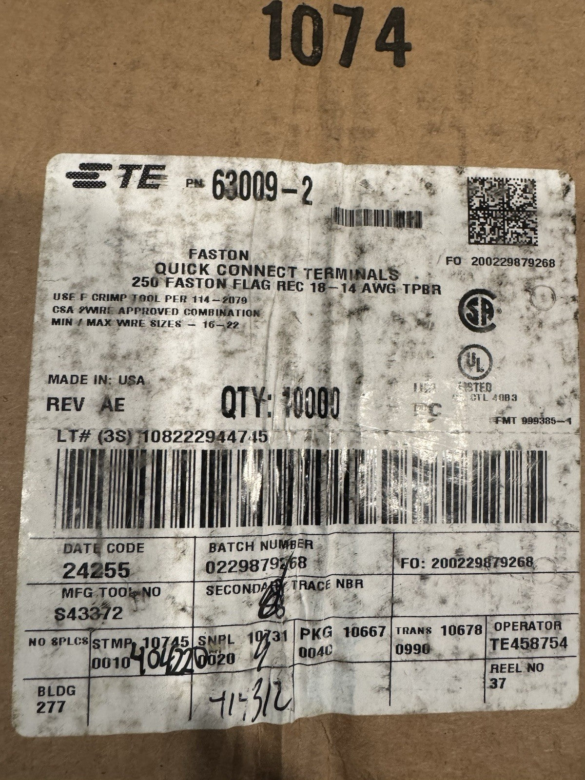 TE 63009-2 FASTON Quick Connect Terminals PACK OF 10000 NEW! FREE SHIPPING!