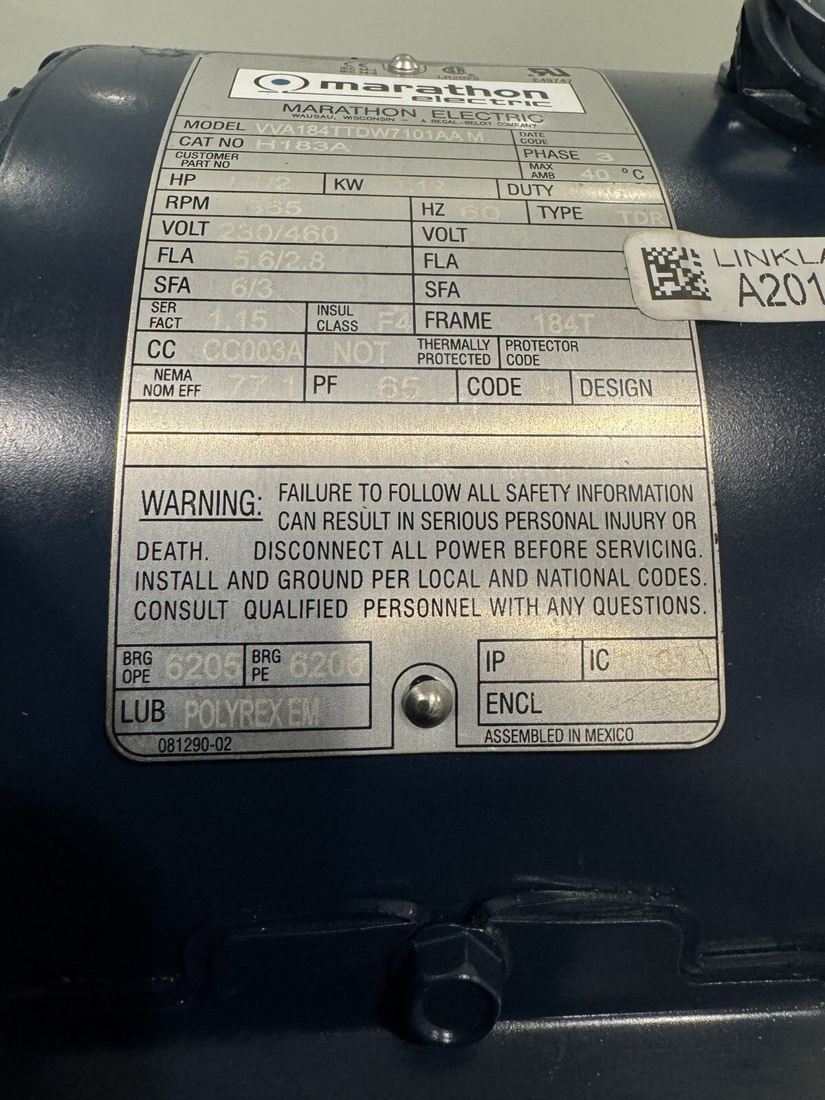 Marathon H183A Electric Motor 1.5HP 865 RPM 230/460V NEW! FREE SHIPPING!