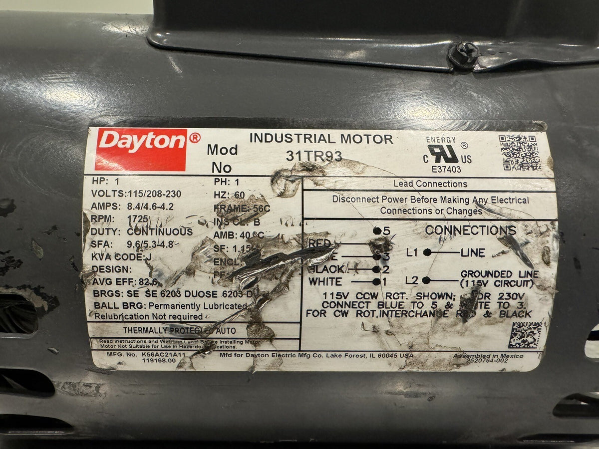Dayton 31TR93 Motor 1HP 115/208-230V 1PH 1725 RPM NEW! FREE SHIPPING!