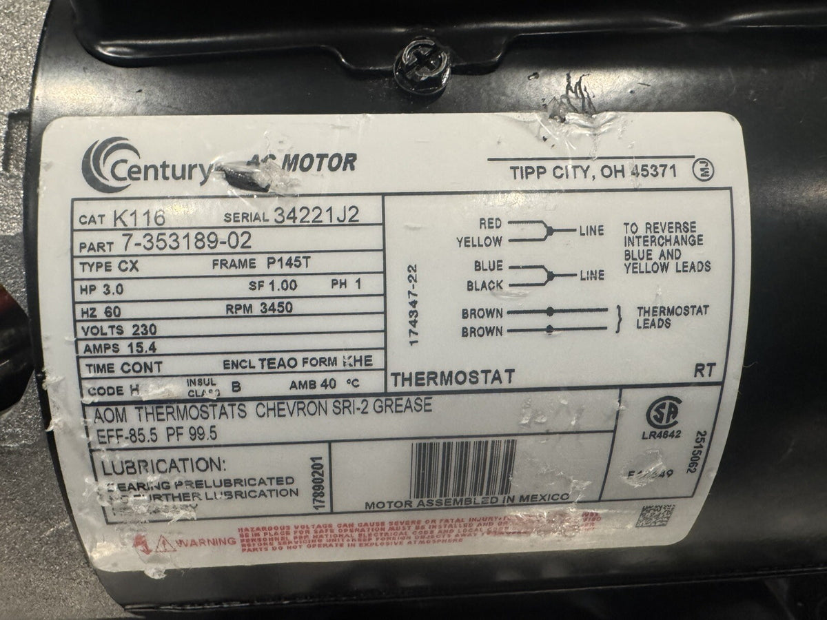Century K116 Motor 3HP 1PH 3450 RPM 7-353189-02 NEW! FREE SHIPPING!