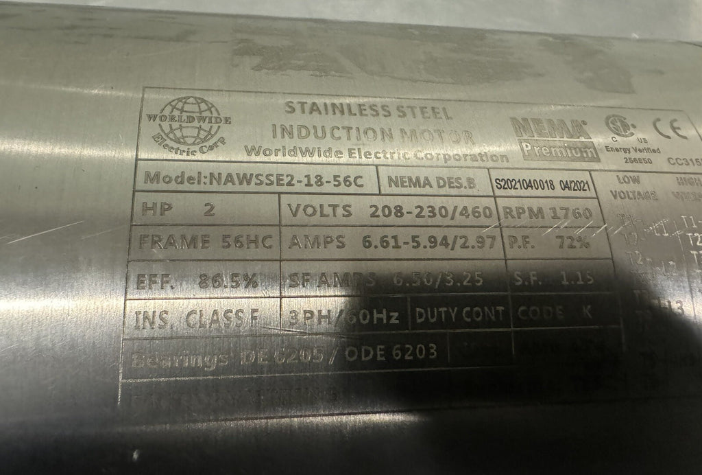 Worldwide Electric NAWSSE2-18-56C Washdown Motor Stainless 2HP 208-230/460V NEW!