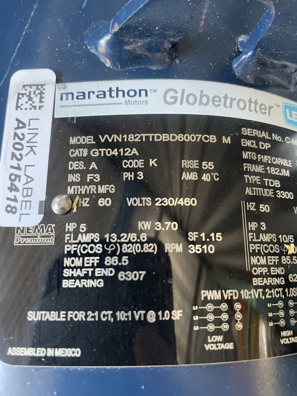 Marathon Electric GT0412A Motor 5HP 3PH 230/460V VVN182TTDBD6007CB NEW!