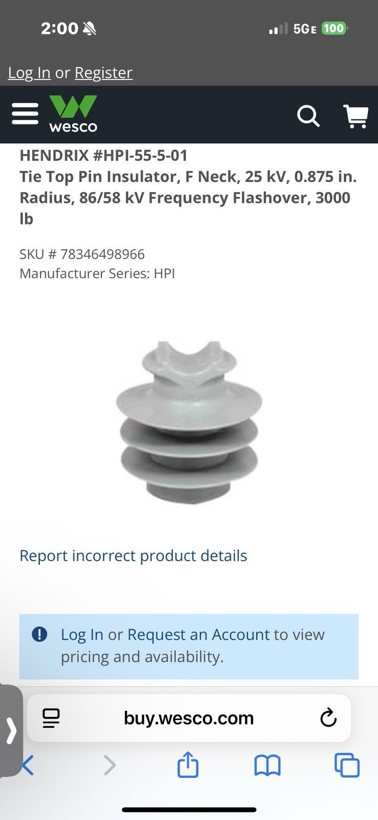 Hendrix HPI-55-5-0 Pin Top Tie-Top Insulator NEW! FREE SHIPPING!
