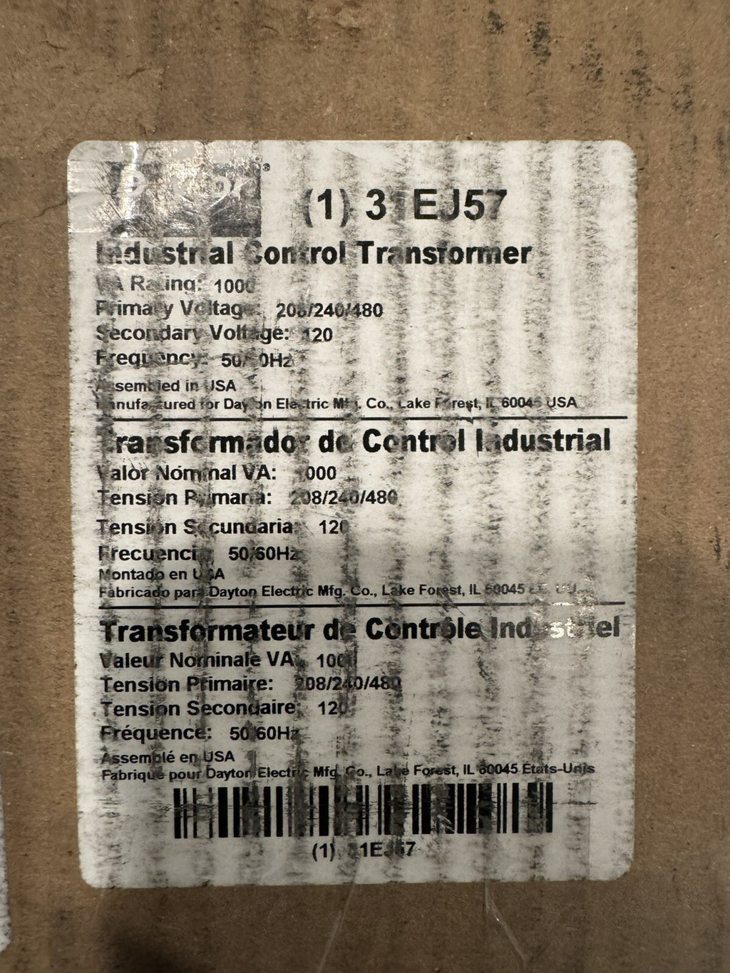 Dayton 31EJ57 Control Transformer 1000VA 50/60Hz NEW IN BOX! DAMAGED CONNECTIONS