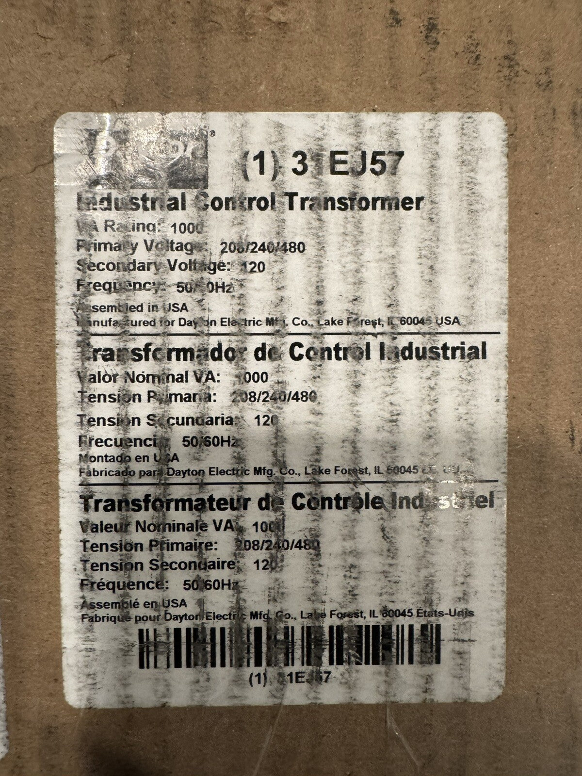 Dayton 31EJ57 Control Transformer 1000VA 50/60Hz NEW IN BOX! DAMAGED CONNECTIONS