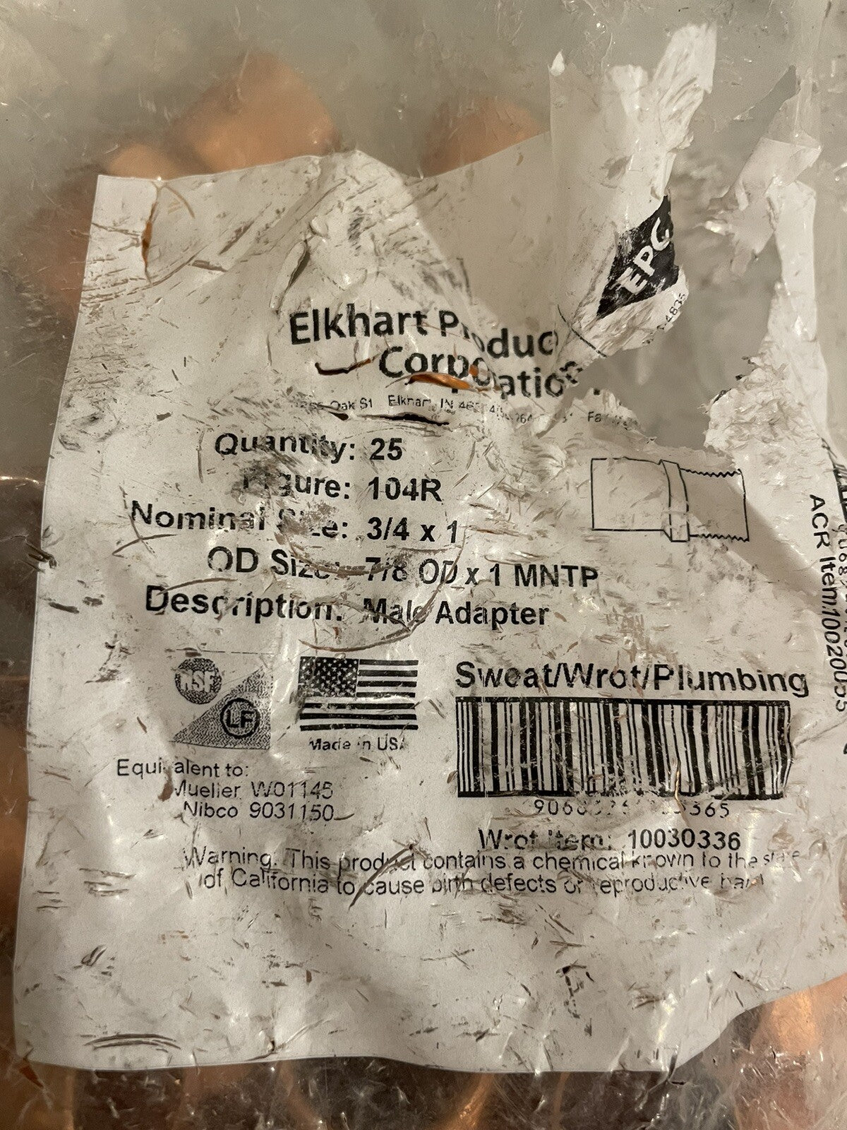 Elkhart 10030336 3/4" C X 1" MIP Copper Adapter 104R NEW! FREE SHIPPING!