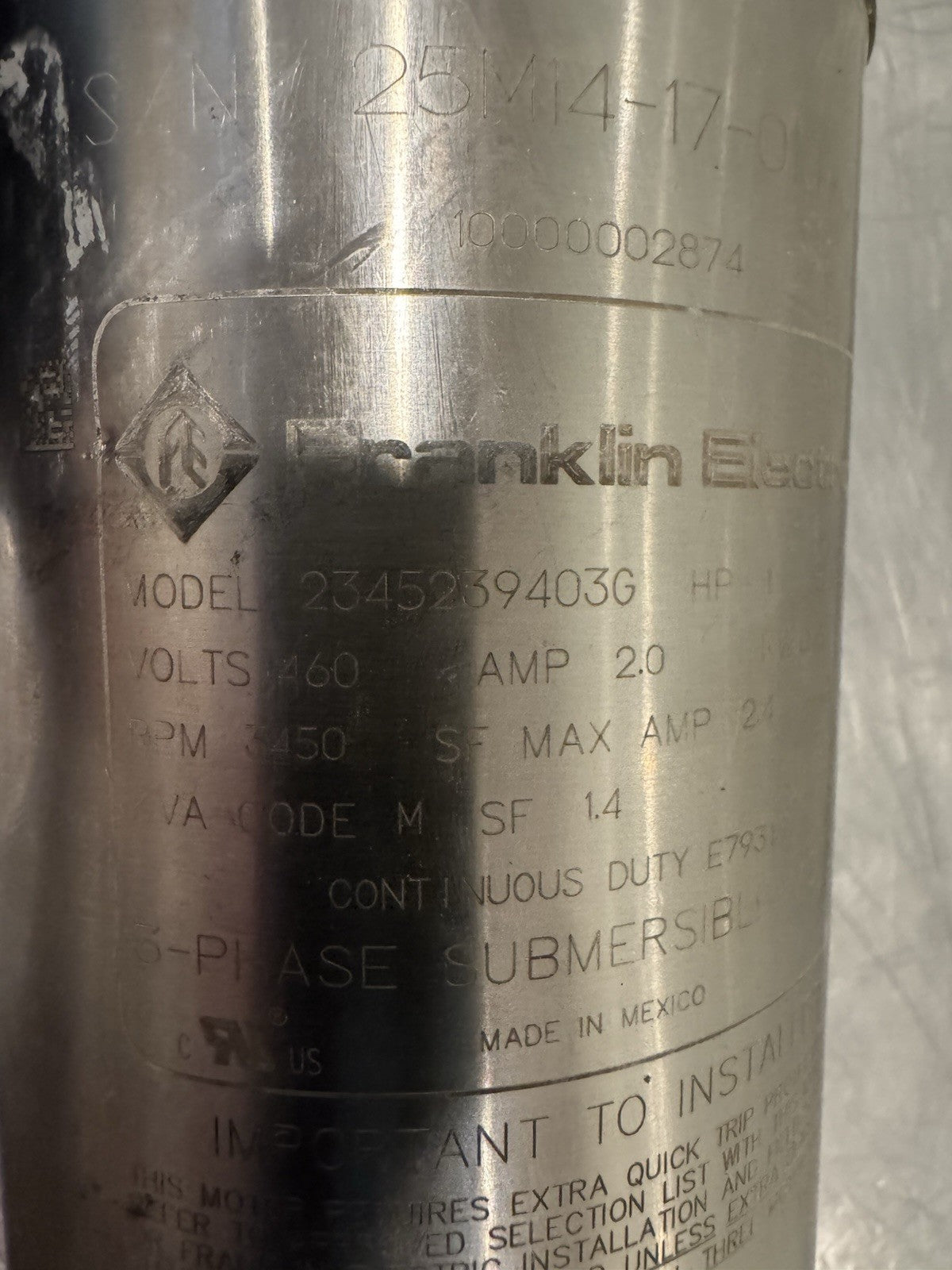 Franklin 2345239403G Submersible Well Pump 1HP 460V 2.0 Amp 3450 RPM NEW!