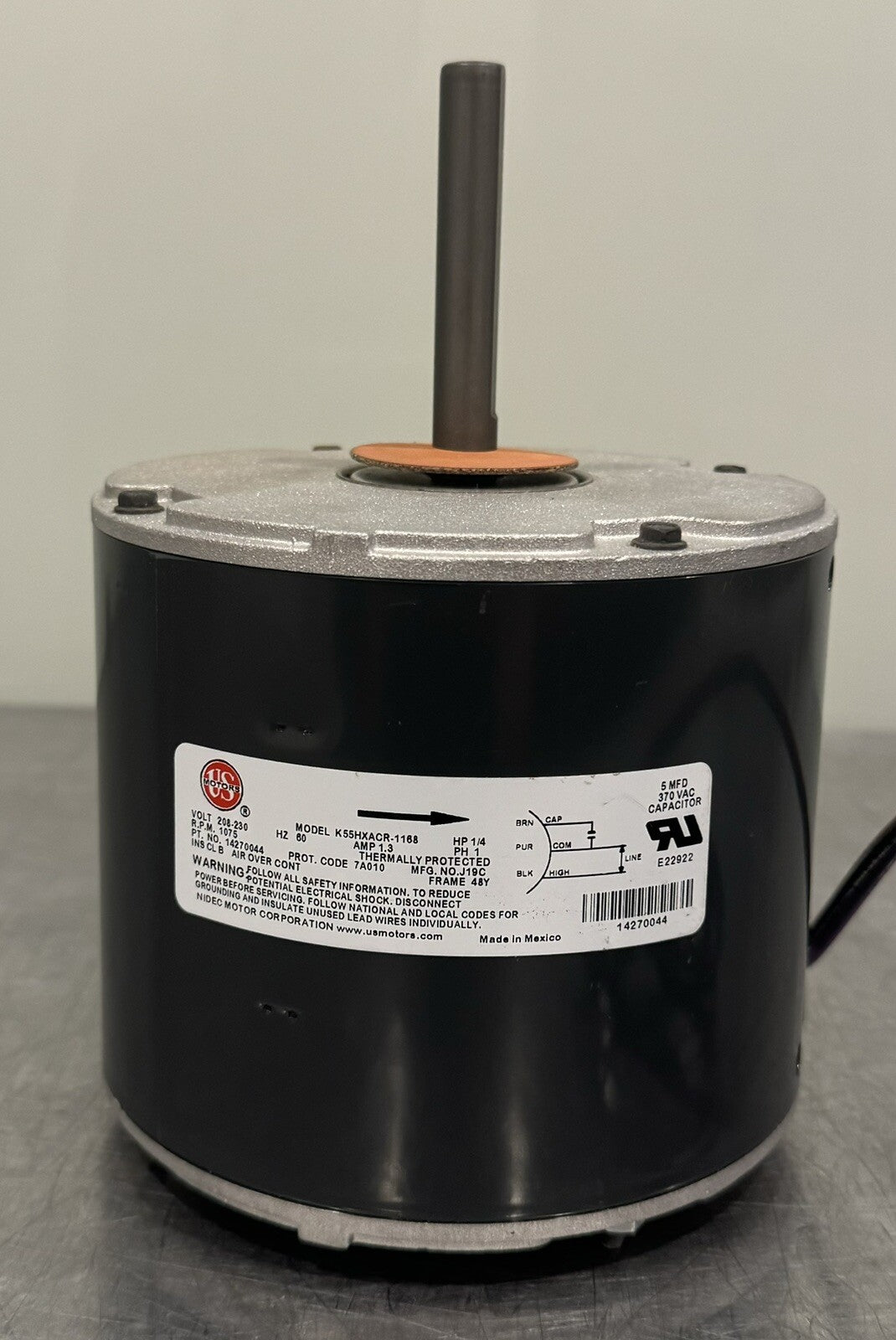 US Motor K55HXACR-1168 Condenser Fan Motor 1/4 HP 208-230V 1075 RPM NEW!