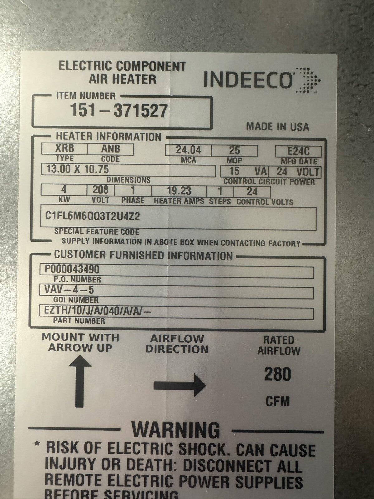Indeeco 151-371527 Electric Component Air Heater EZTH/10/J/A/040/A/A/ NEW!