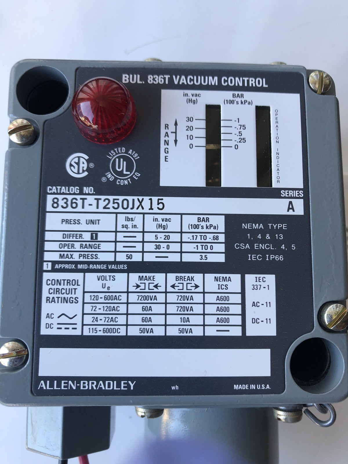 Allen Bradley 836T-T250JX15 Pressure Control Switch NEW IN BOX