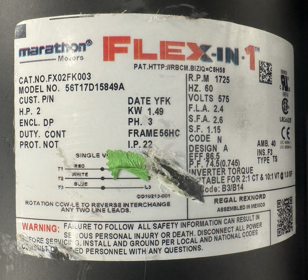 Marathon FX02FK003 Motor 2HP 1725 RPM 3PH FLEX-IN-1 NEW! FREE SHIPPING!