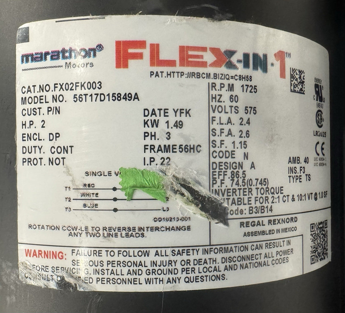 Marathon FX02FK003 Motor 2HP 1725 RPM 3PH FLEX-IN-1 NEW! FREE SHIPPING!