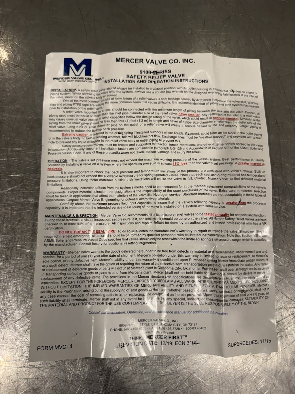 Mercer 91-43F51V11P21 Relief Valve 2" 250 PSI 1464 SCFM NEW! FREE SHIPPING!