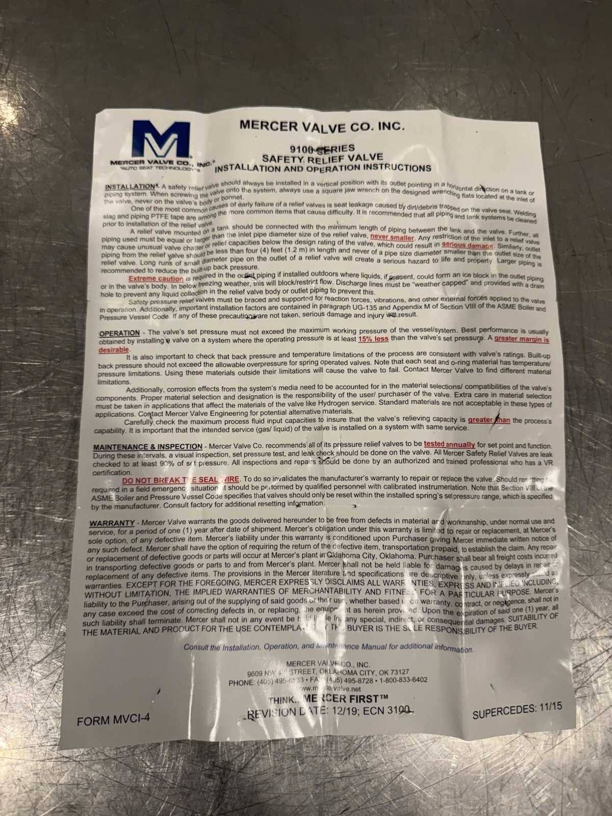 Mercer 91-43F51V11P21 Relief Valve 2" 250 PSI 1464 SCFM NEW! FREE SHIPPING!