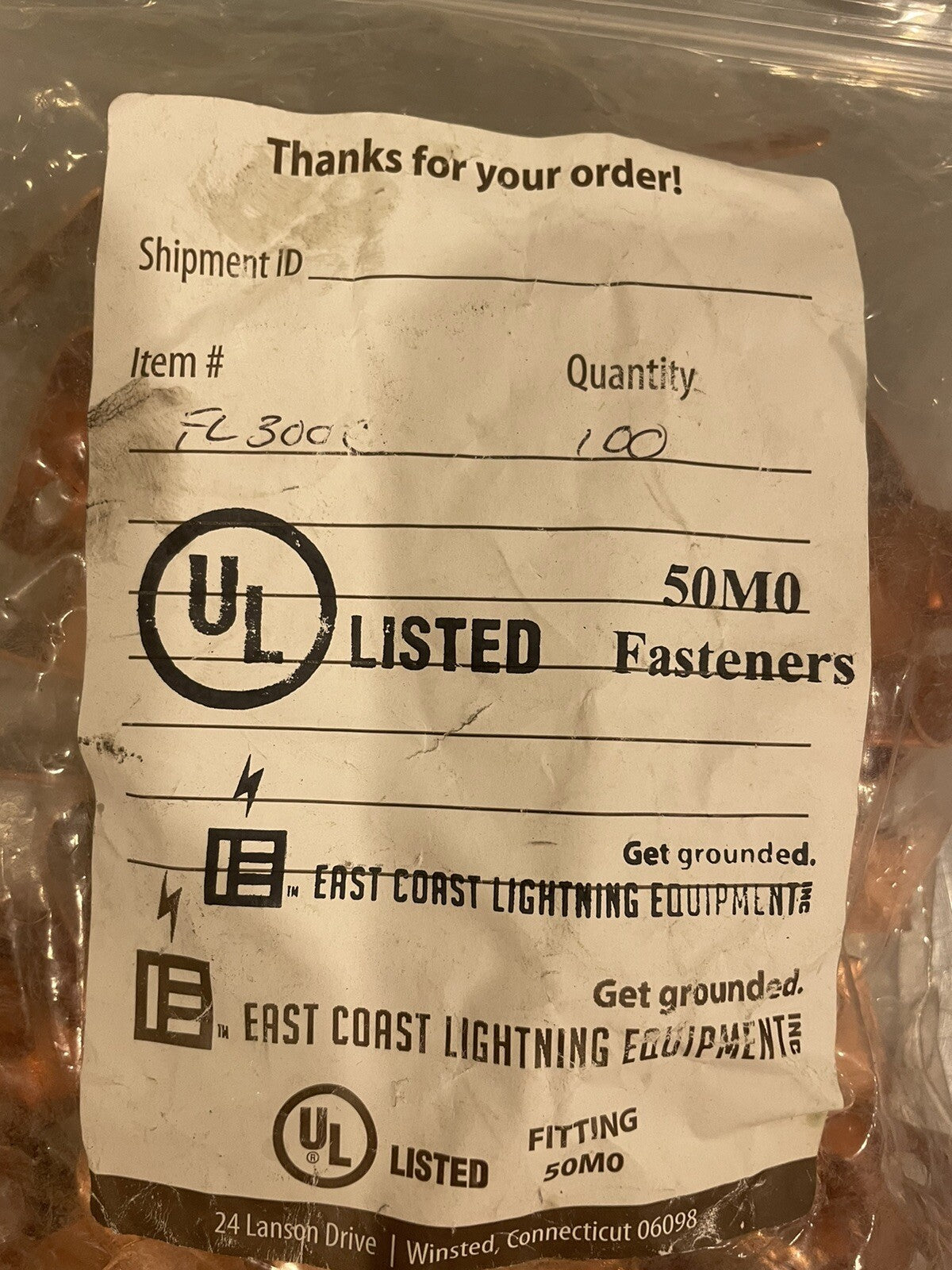 FL300C Copper 50M0 Fasteners East Coast Lightning 100 PACK NEW! FREE SHIPPING!