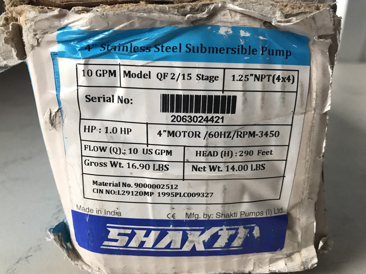 Shakti QF2/15 Submersible Well Pump 1HP 60HZ 10GPM 4" NEW 