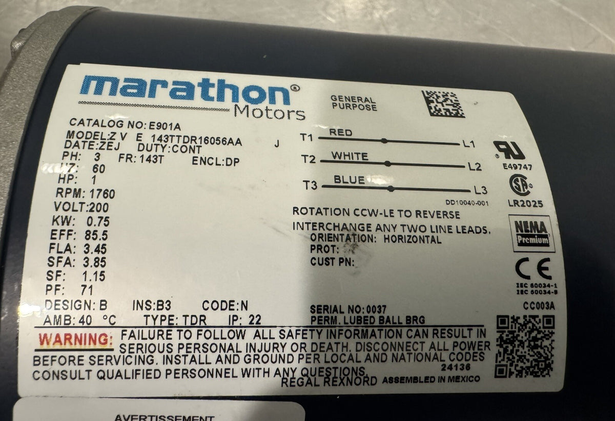 Marathon E901A Motor 1HP 3PH 200V 1760 RPM 143TTDR16056 NEW IN BOX! SHIPS FREE!