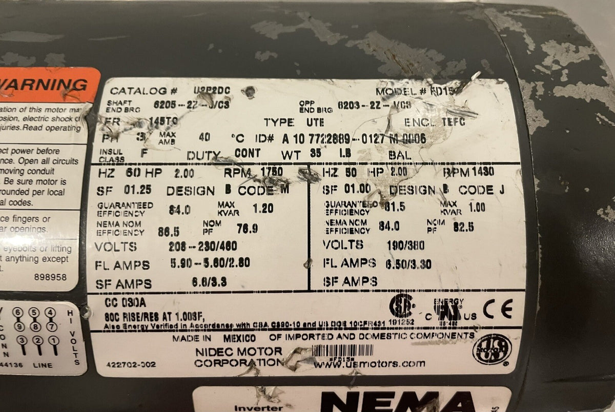 US Motors U2P2DC Motor 2HP 3PH 1750 RPM NEW! FREE SHIPPING!