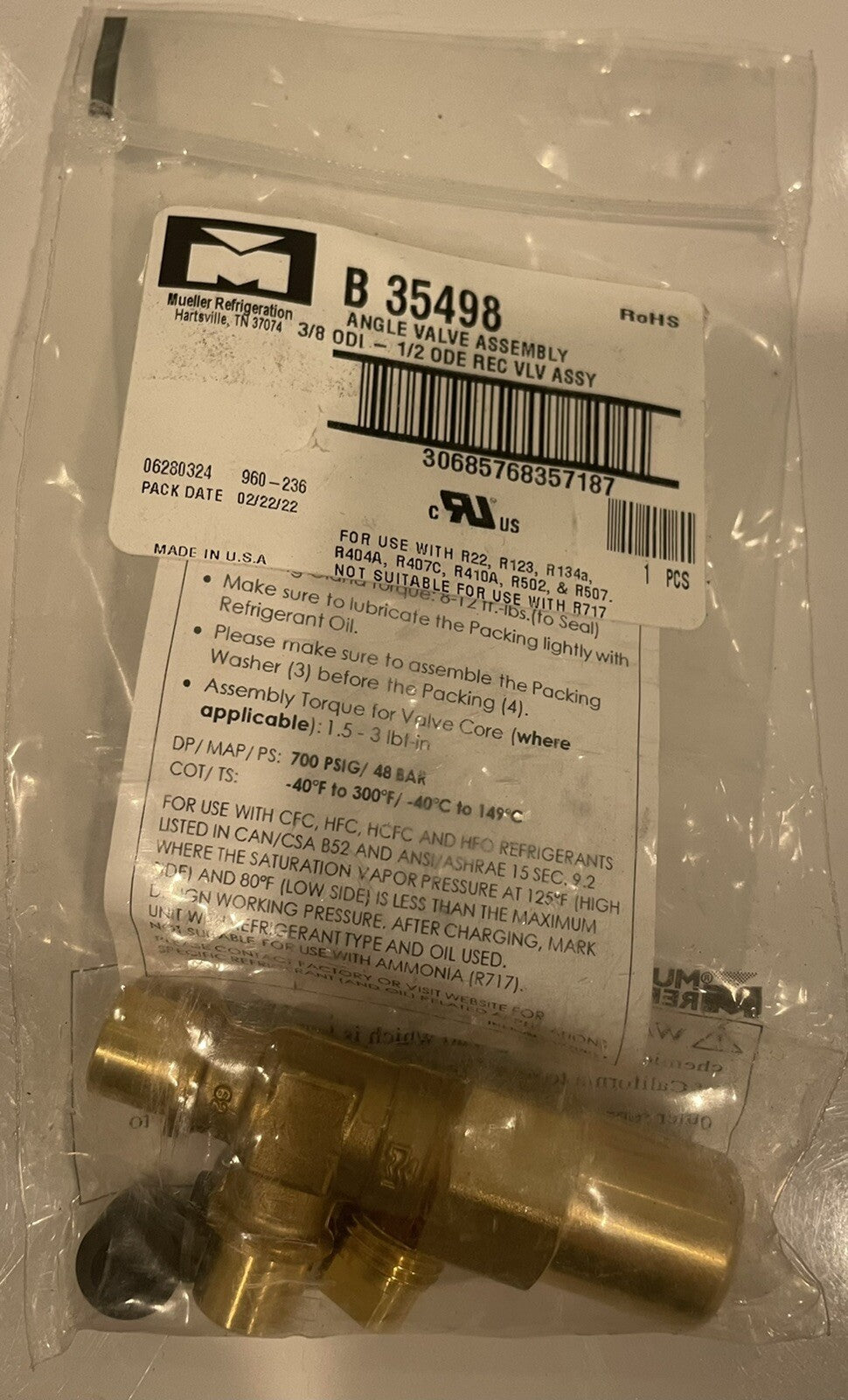 Mueller B 35498 Angle Valve 3/8 ODI-1/2 ODE REC VLV ASSY B35498 NEW!