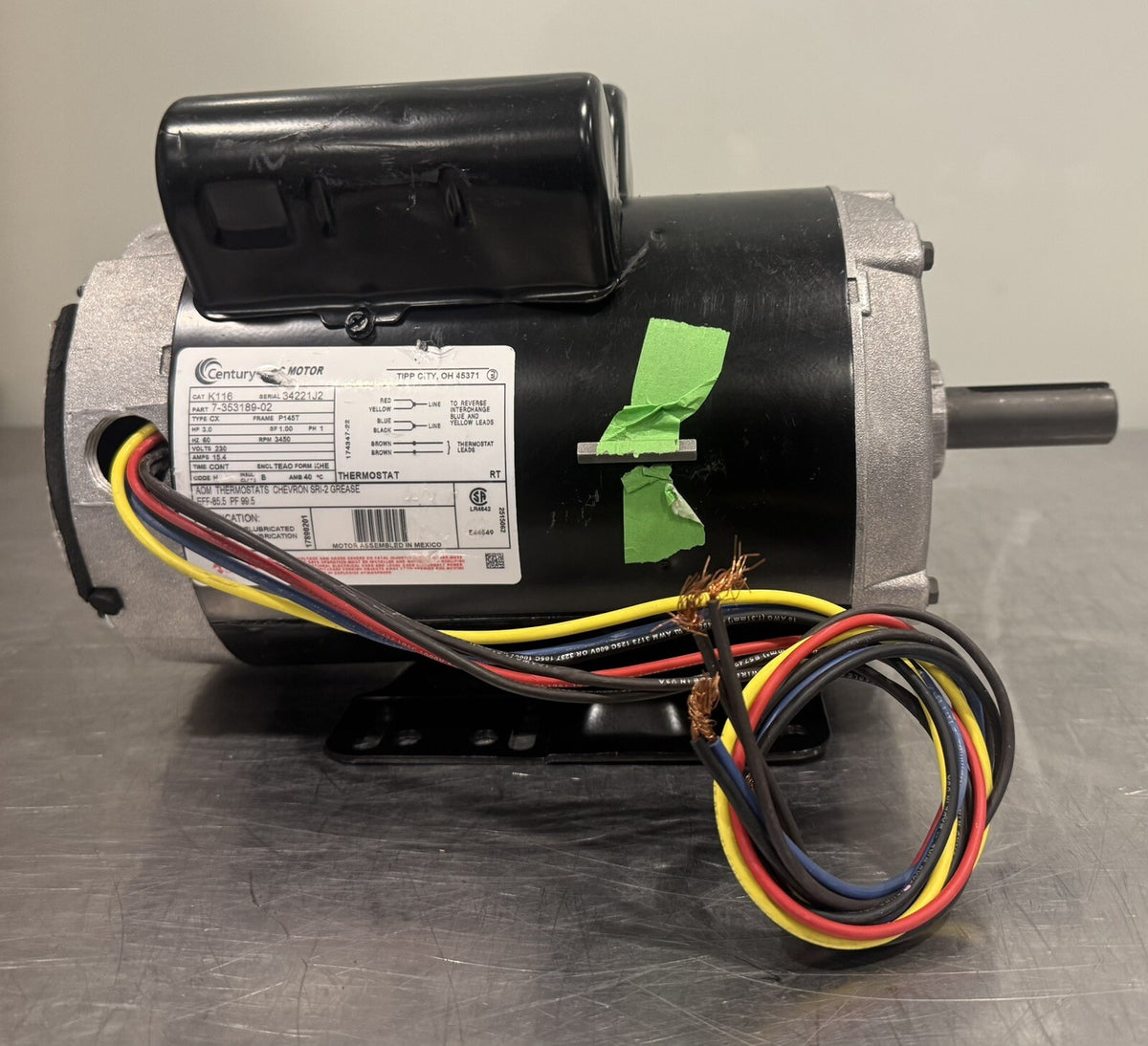 Century K116 Motor 3HP 1PH 3450 RPM 7-353189-02 NEW! FREE SHIPPING!