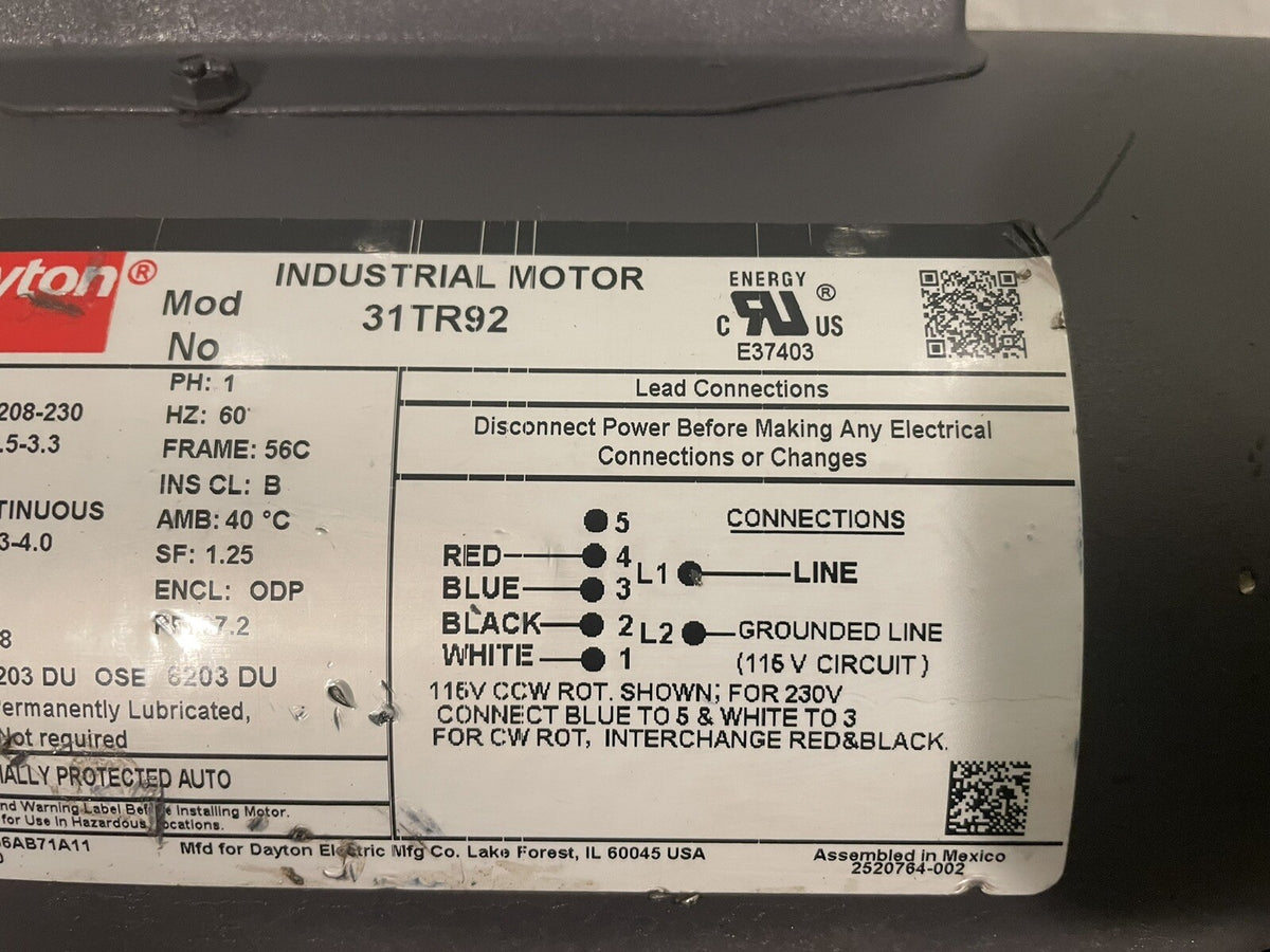 Dayton 31TR92 Motor 3/4HP 115/208-230V 1725 RPM 1PH Continuous NEW!