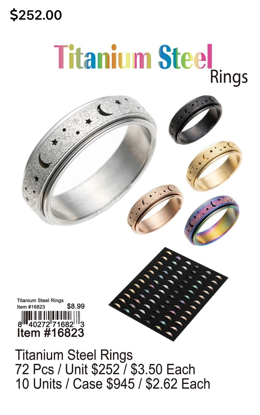 Puka Creations Titanium Steel Rings Stars Moon Middle Spins 72 PACK NEW!