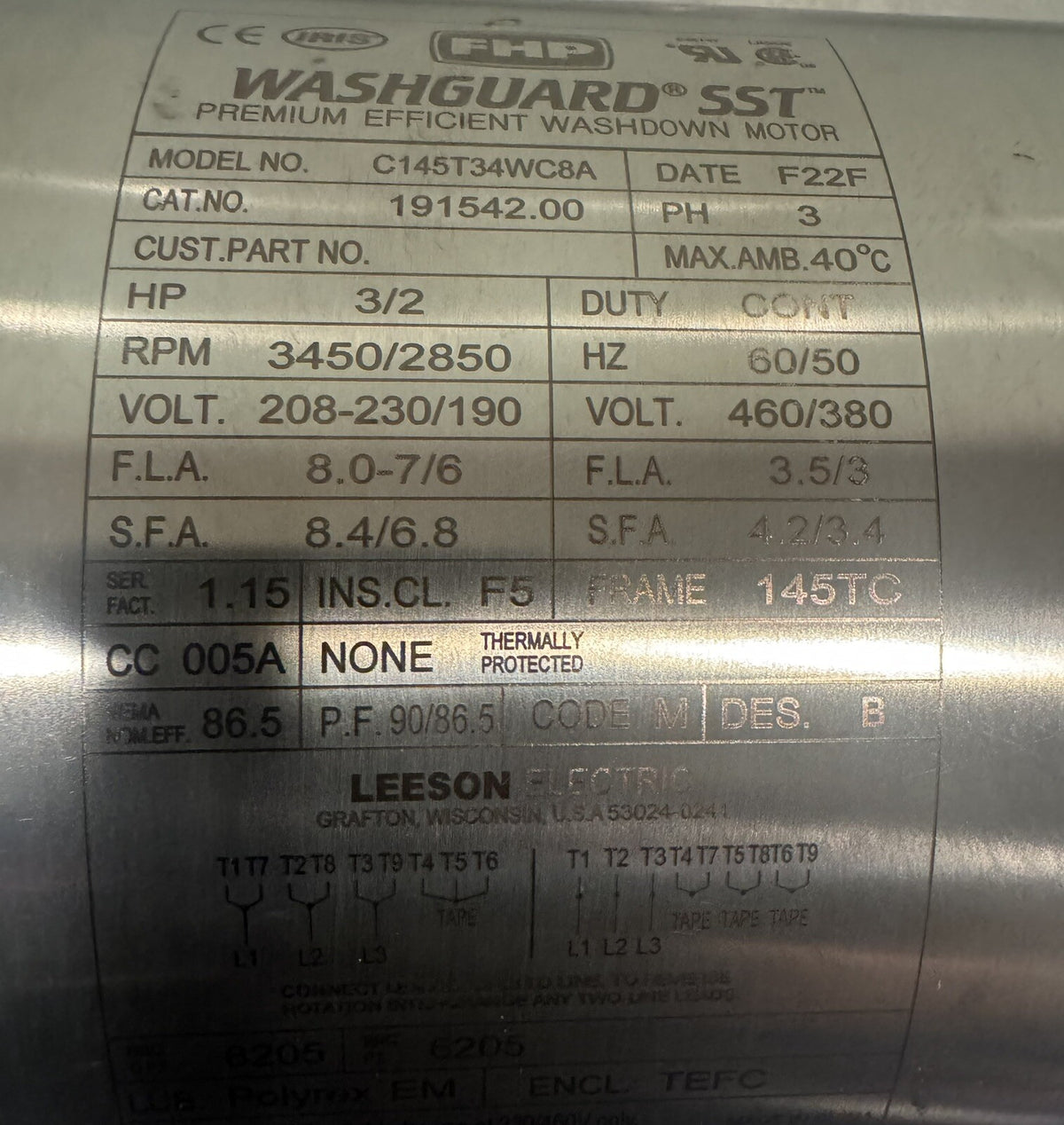 Leeson 191542.00 Washguard SST Motor Stainless Steel C145T34WC8A NEW! SHIPS FREE