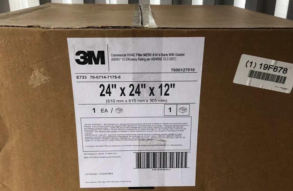 3M E733 V-Bank Commercial HVAC Filter 19F678 MERV A14 24X24X12 NEW IN BOX!!!