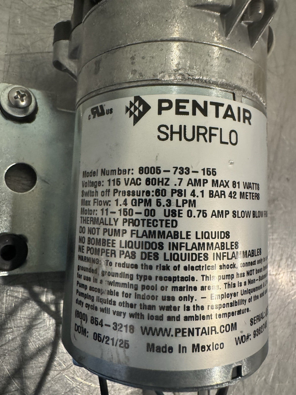 Pentair 8005-733-155 Shurflo Demand Pump 115VAC 1.4 GPM 60 PSI NEW! SHIPS FREE!