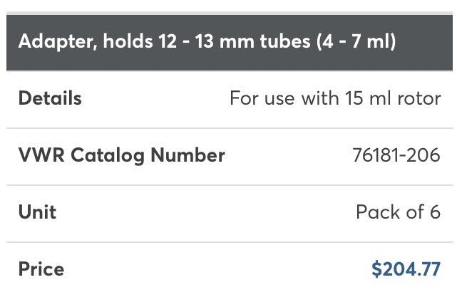 VWR 76181-206 Tube Adapters 6 PACK NEW!! FREE SHIPPING!!