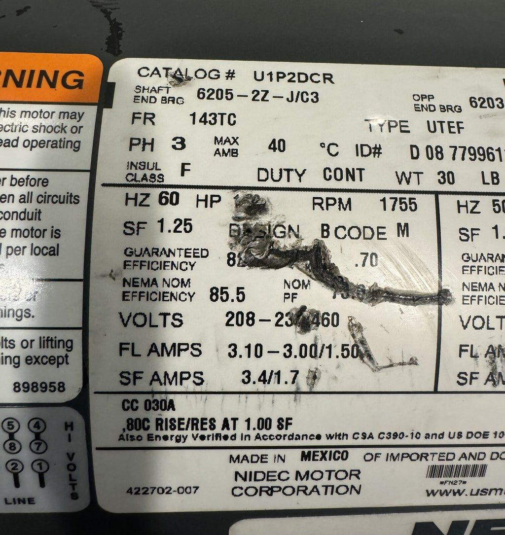 US Motor U1P2DCR NEMA 1HP 1755 RPM 208-230/460V FN27 NEW! FREE SHIPPING!