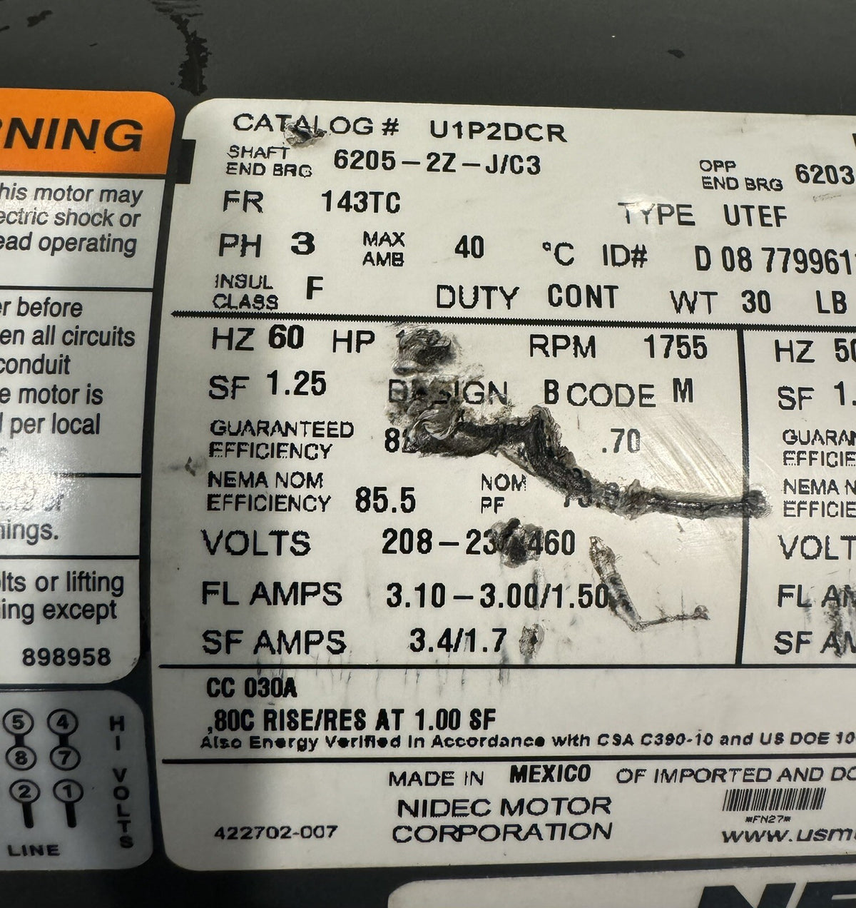 US Motor U1P2DCR NEMA 1HP 1755 RPM 208-230/460V FN27 NEW! FREE SHIPPING!