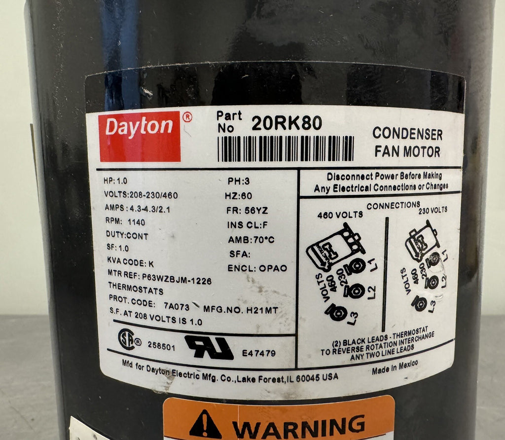 Dayton 20RK80 Condenser Fan Motor 1HP 208-230/460V 1140 RPM NEW! FREE SHIPPING!