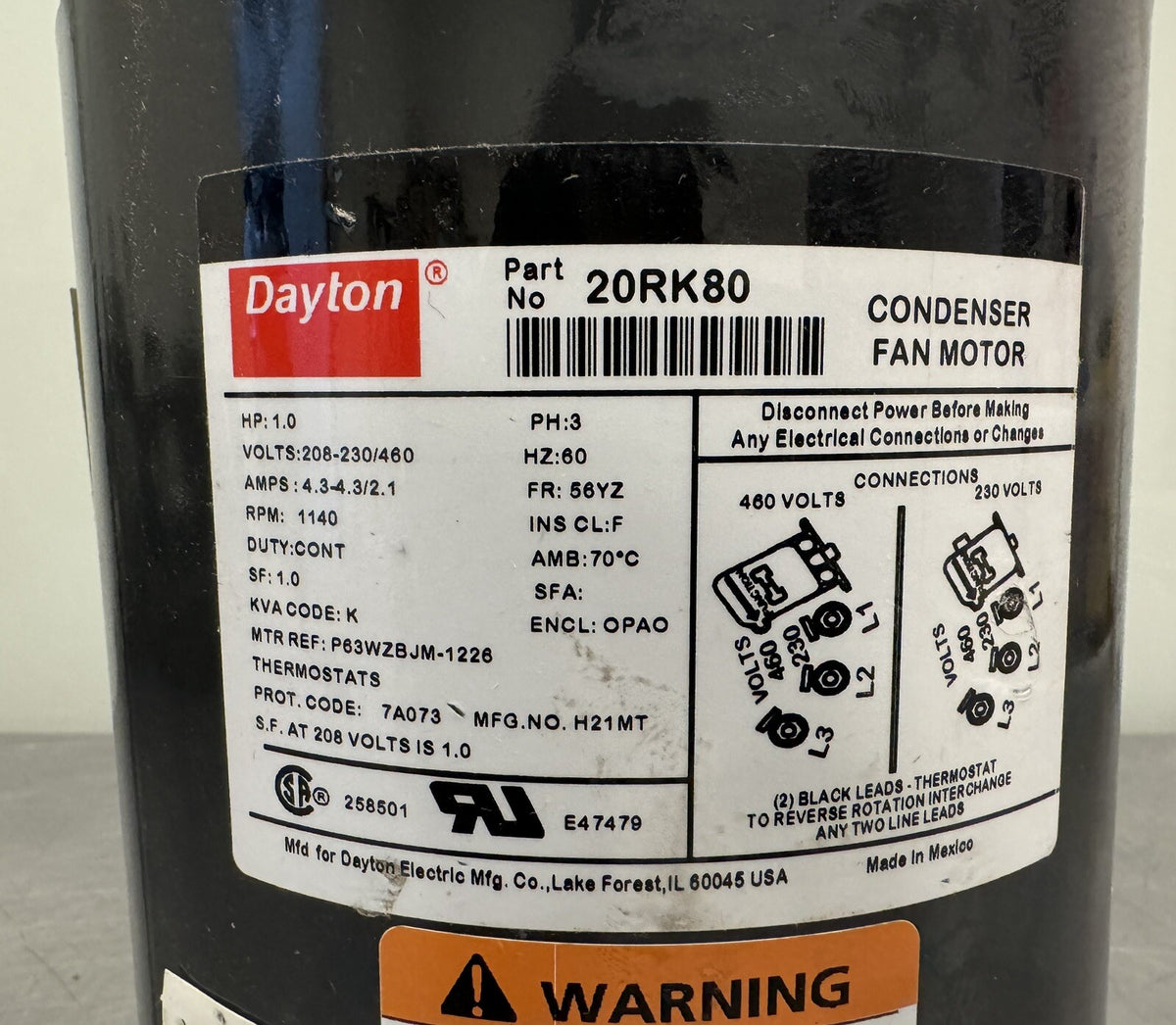 Dayton 20RK80 Condenser Fan Motor 1HP 208-230/460V 1140 RPM NEW! FREE SHIPPING!