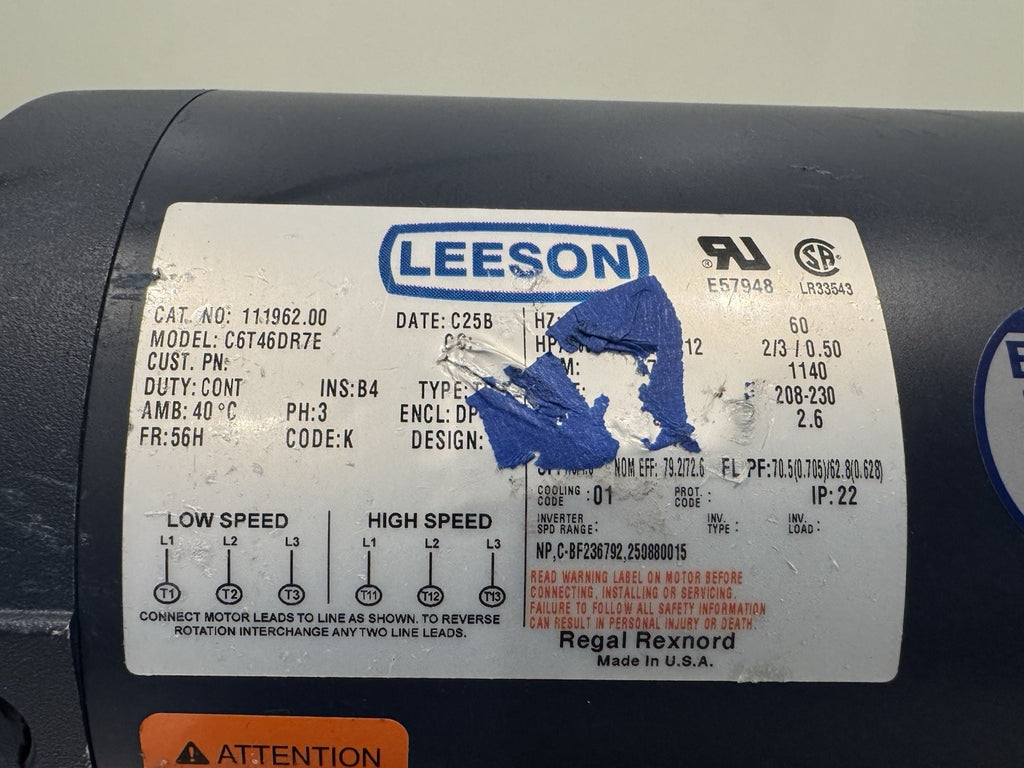 Leeson 111962.00 Motor 1.5HP 208-230V 3PH 2 Speed NEW! FREE SHIPPING!
