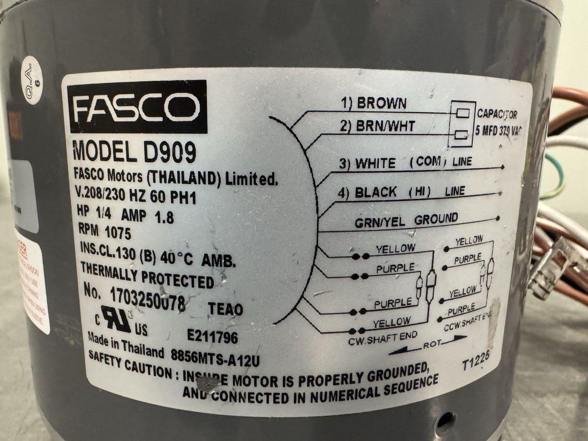 Fasco D909 Condenser Fan Motor 208/230V 1/4 HP 1075 RPM NEW! FREE SHIPPING!