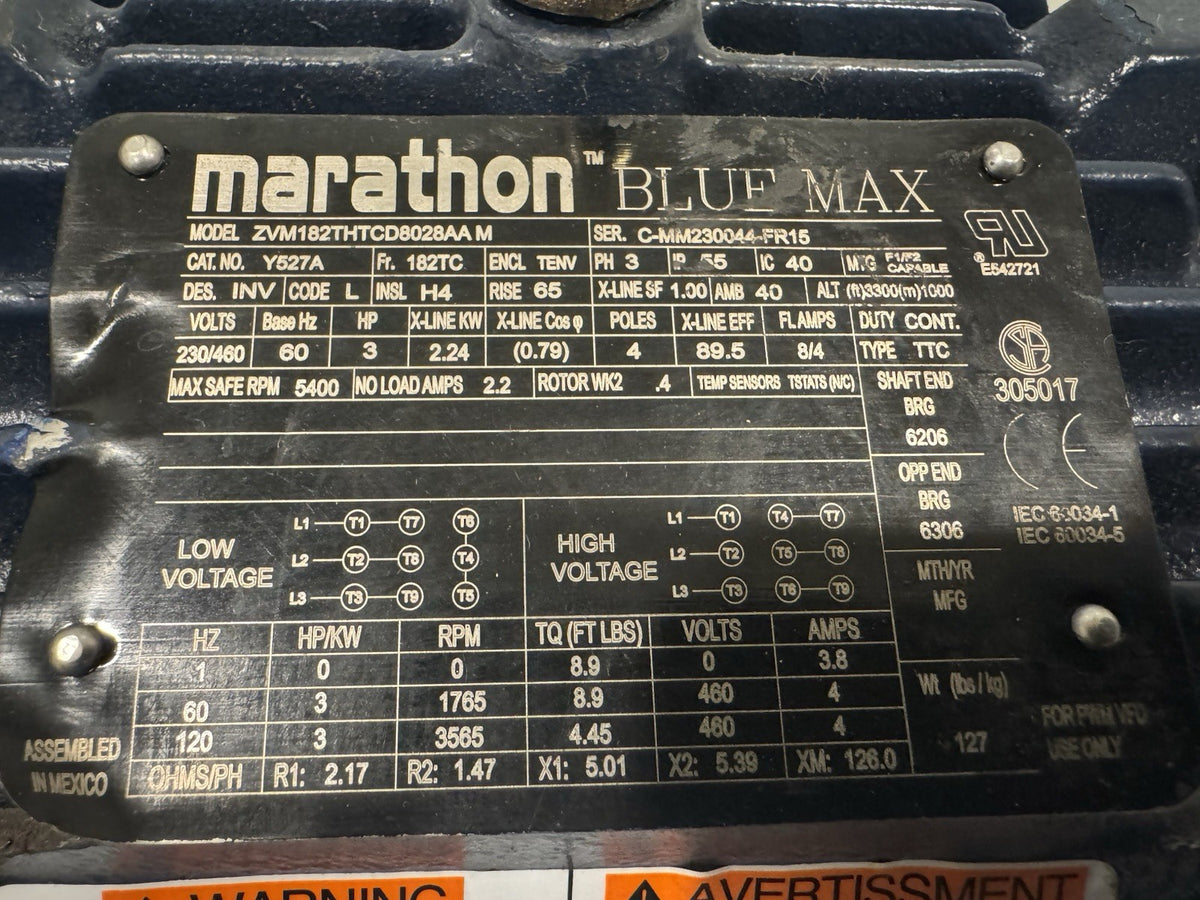 Marathon Y527A Motor 3HP 230/460V 1800 RPM 3PH ZVM182THTCD8028AA NEW! SHIPS FREE