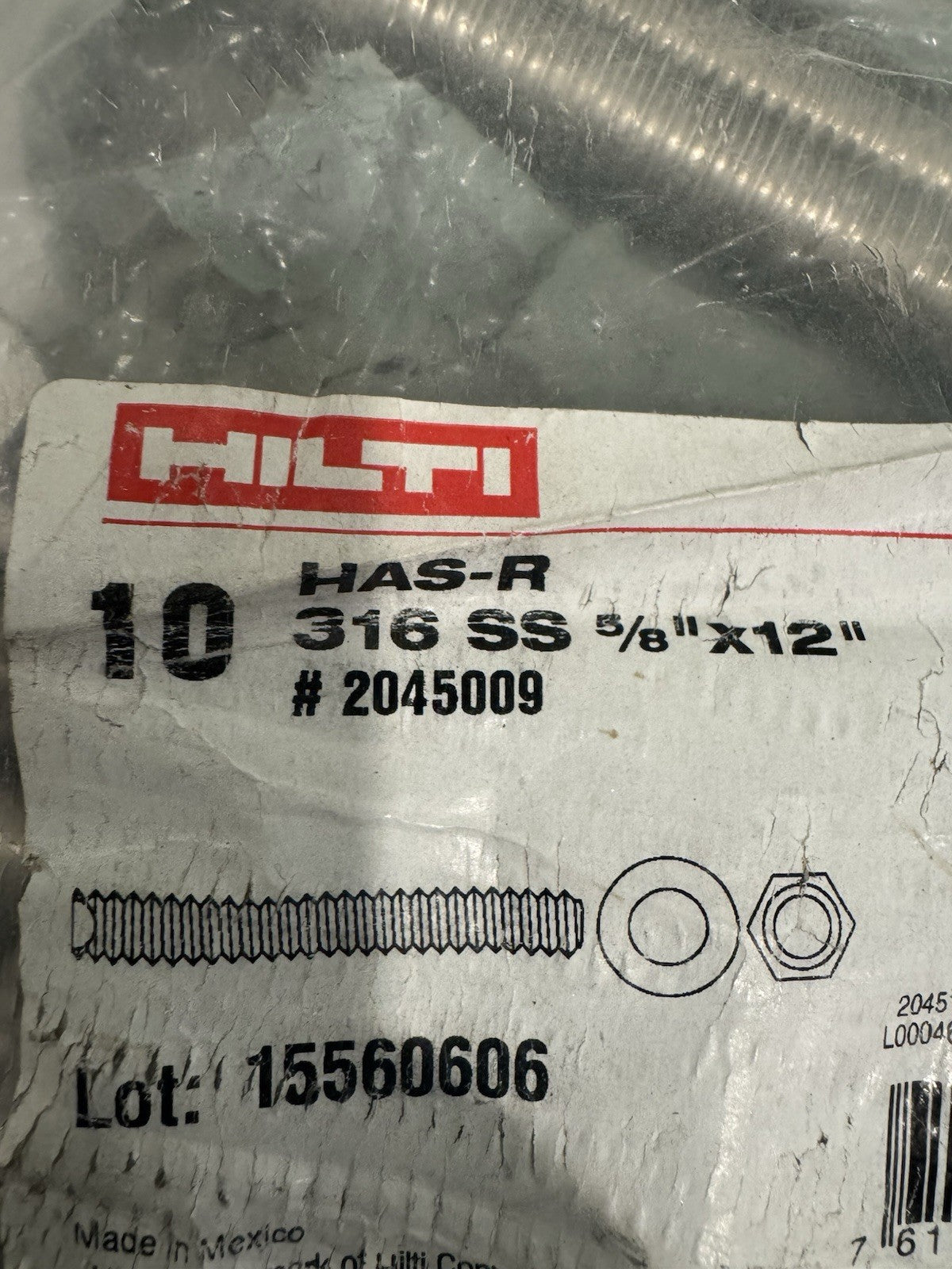 Hilti 2045009 HAS-R Anchor Rod 316 SS 5/8” X 12” 10 PACK NEW! FREE SHIPPING!