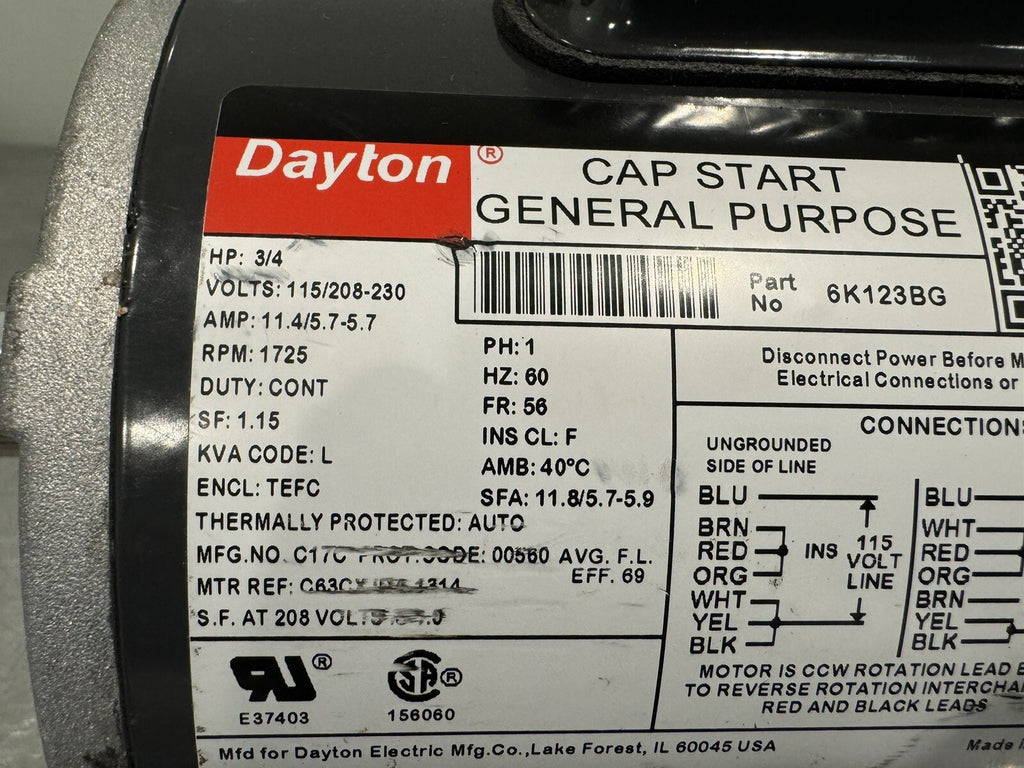 Dayton 6K123BG Motor 3/4HP 115/208-230V 1725 RPM 1PH NEW! FREE SHIPPING!