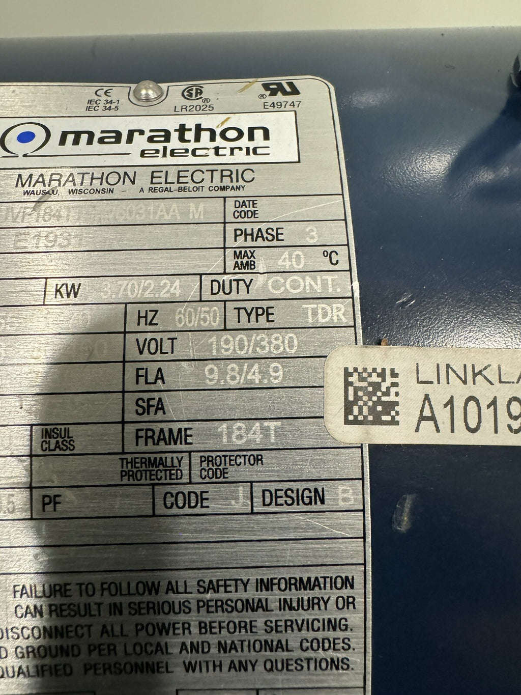 Marathon E1931 Electric Motor 5HP 1755 RPM 208-230/460V 184T NEW! FREE SHIPPING!