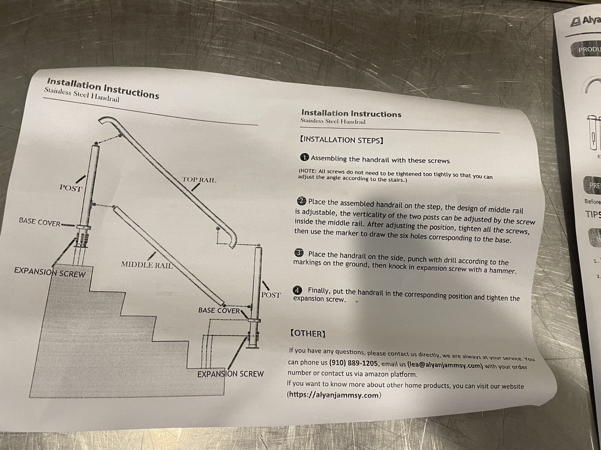 Alyan & Jammsy Stainless Steel Handrail 3 Stair Indoor/ Outdoor NEW! SHIPS FREE!