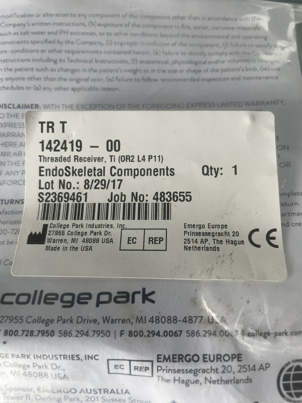 College Park Threaded Receiver Titanium 142419-00 NEW! FREE SHIPPING!