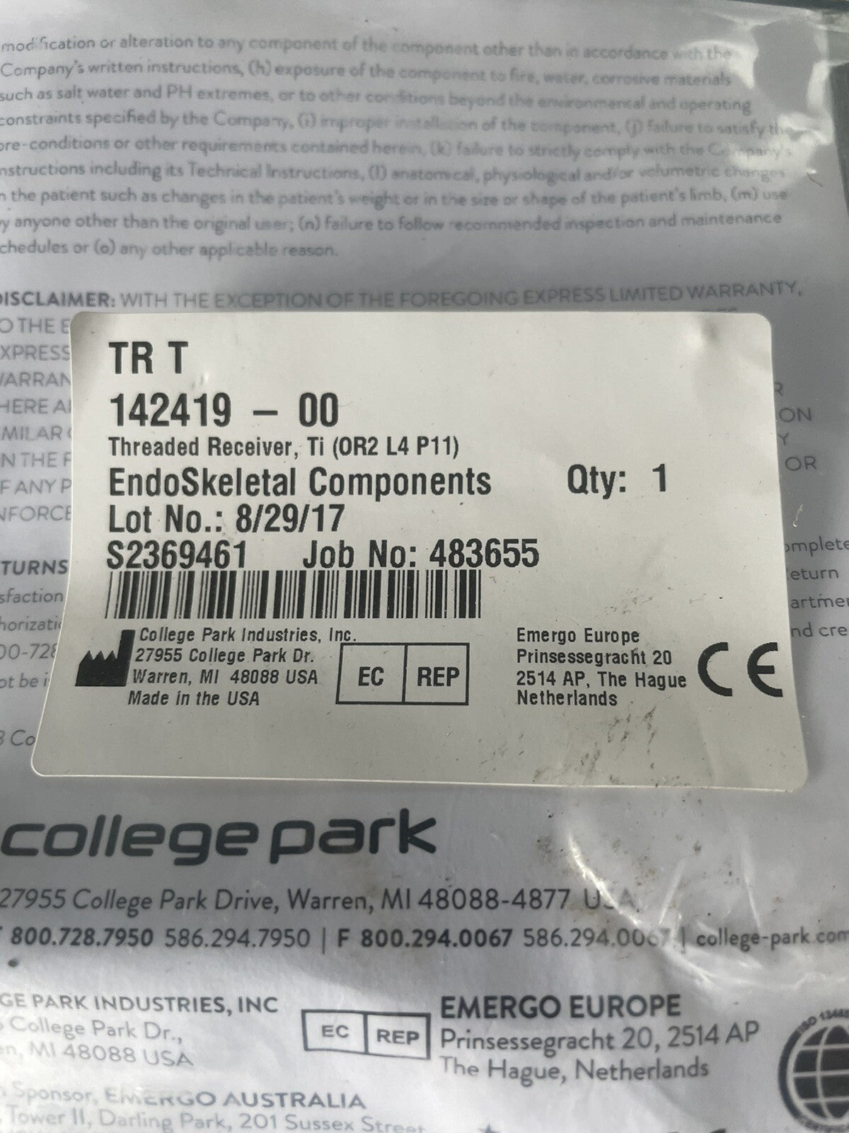 College Park Threaded Receiver Titanium 142419-00 NEW! FREE SHIPPING!