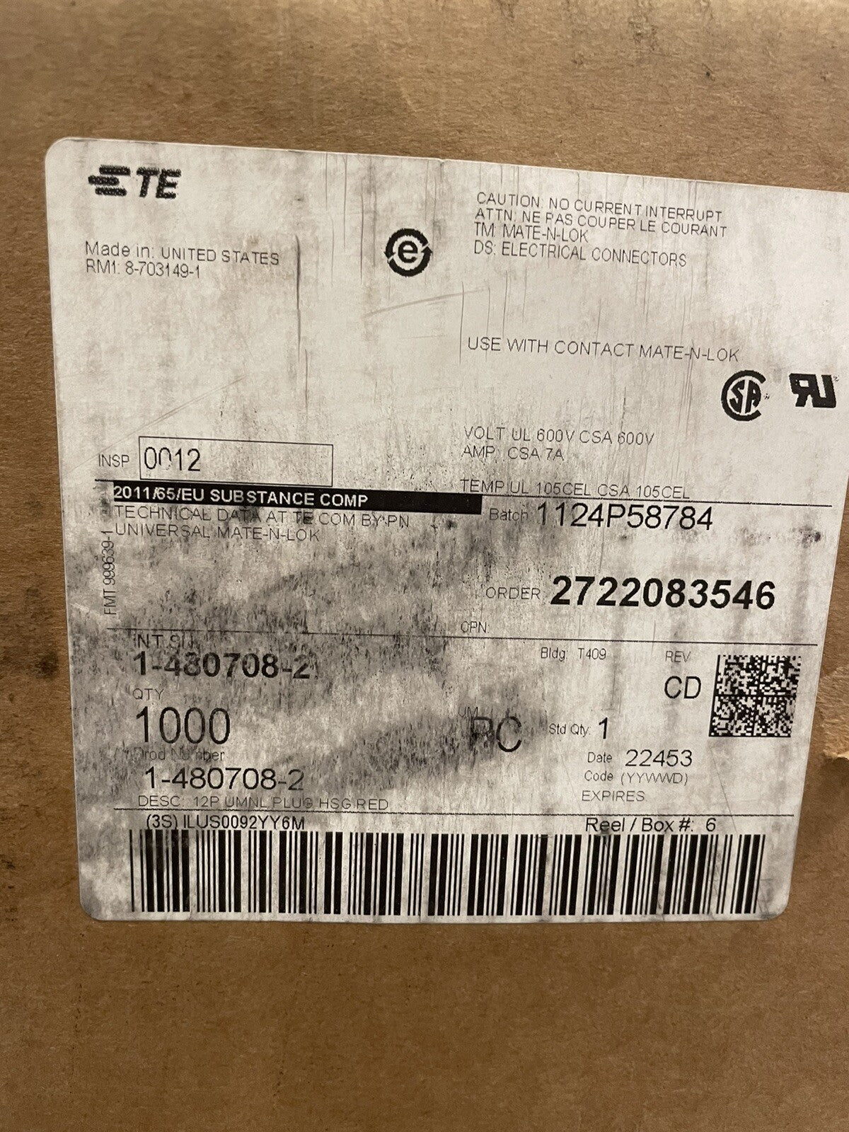TE Connectivity 1-480708-2 Mate-N-Lock Rectangle Power Connector NEW!