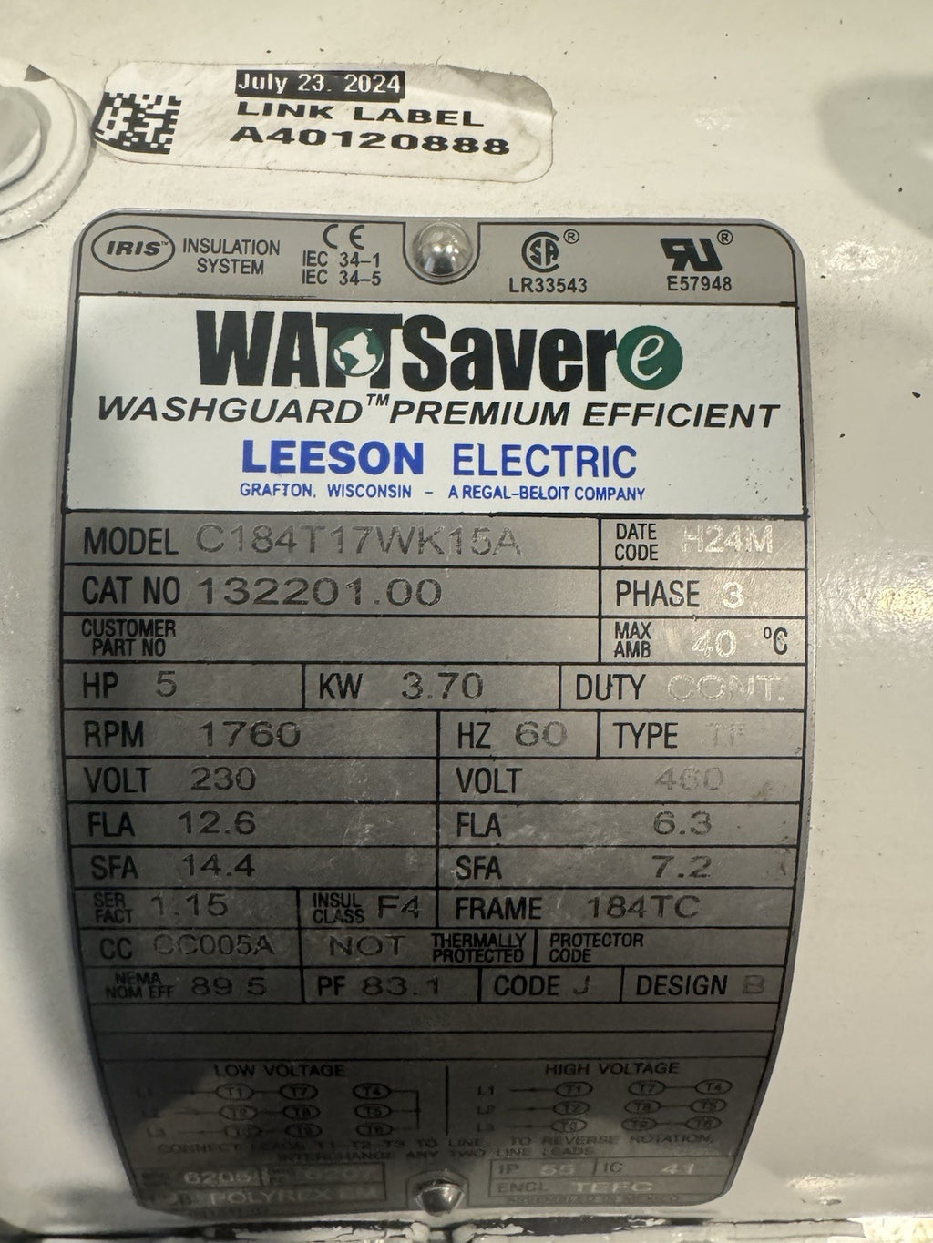 Leeson 132201.00 Motor 5HP 1760 RPM 230/460V C184T17WK15A NEW! FREE SHIPPING!
