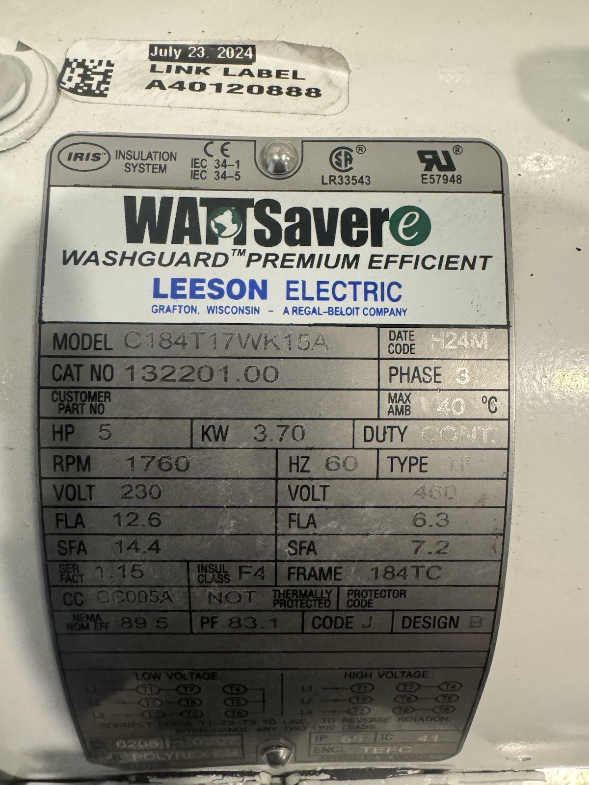 Leeson 132201.00 Motor 5HP 1760 RPM 230/460V C184T17WK15A NEW! FREE SHIPPING!