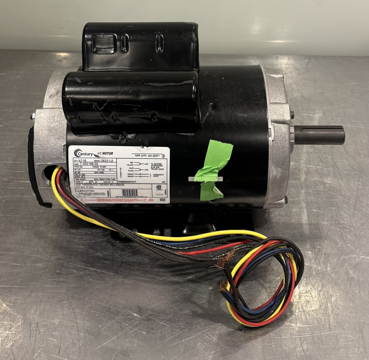 Century K116 Motor 3HP 1PH 3450 RPM 7-353189-02 NEW! FREE SHIPPING!