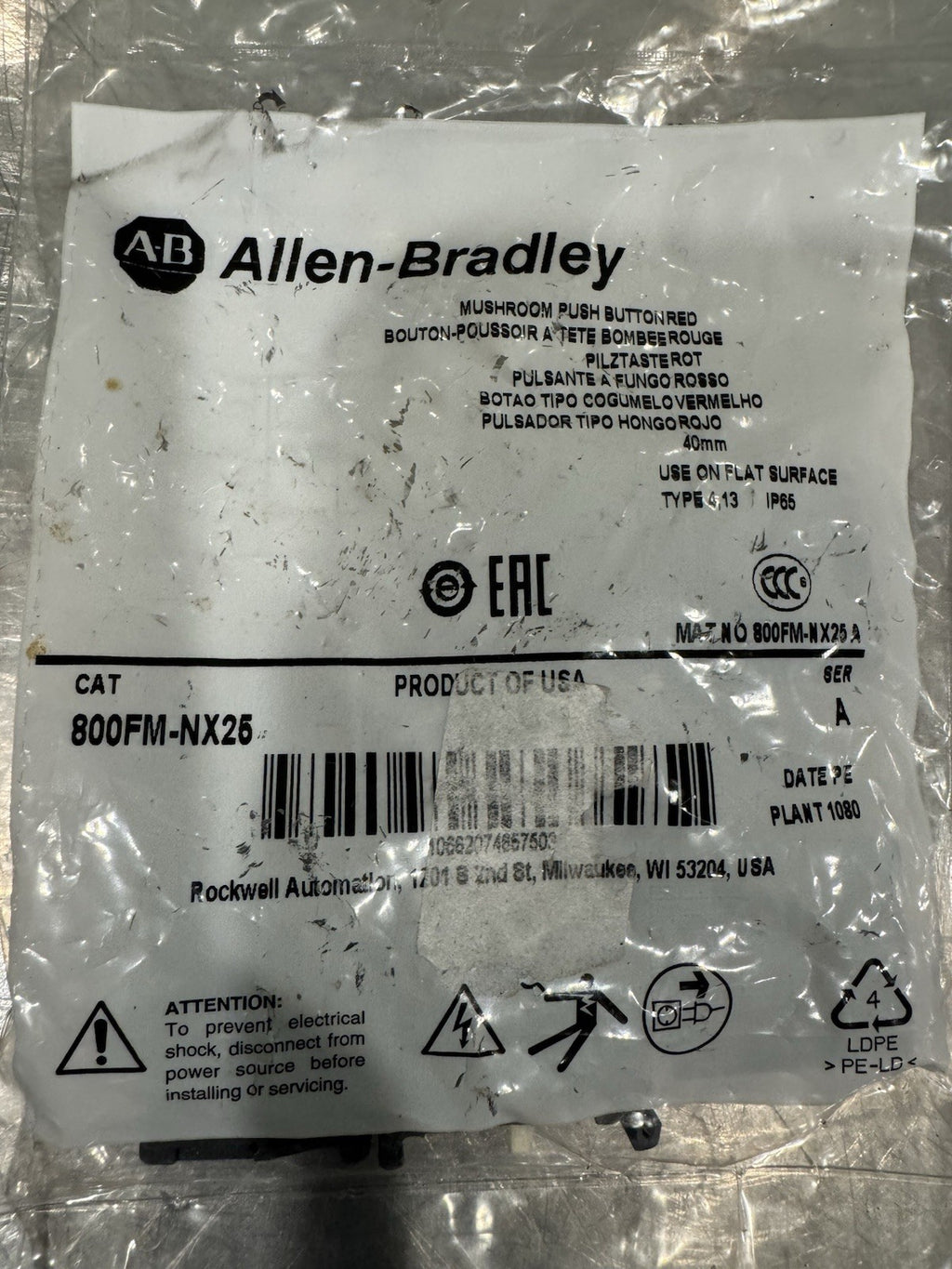 Allen Bradley 800FM-NX25 Mushroom Push Button Red NEW! FREE SHIPPING!